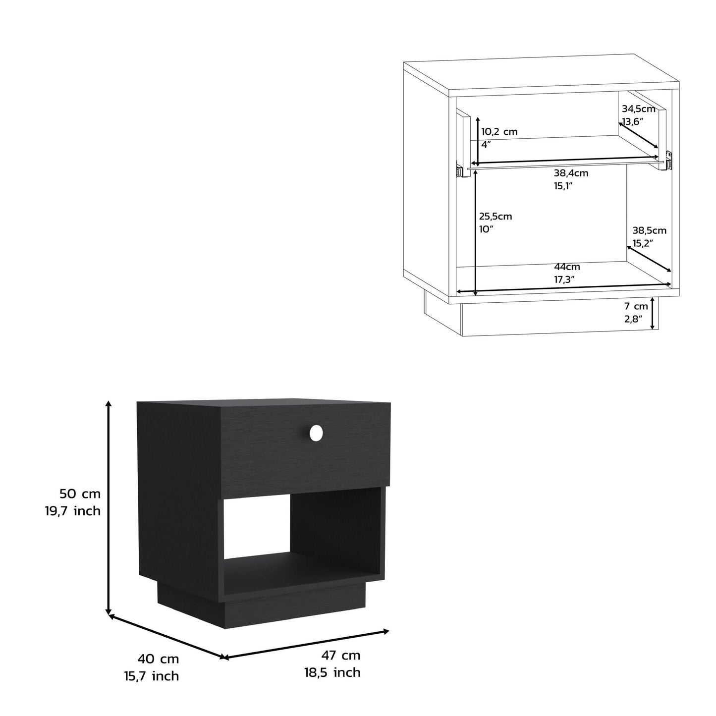 20" Black Wood One Drawer Nightstand