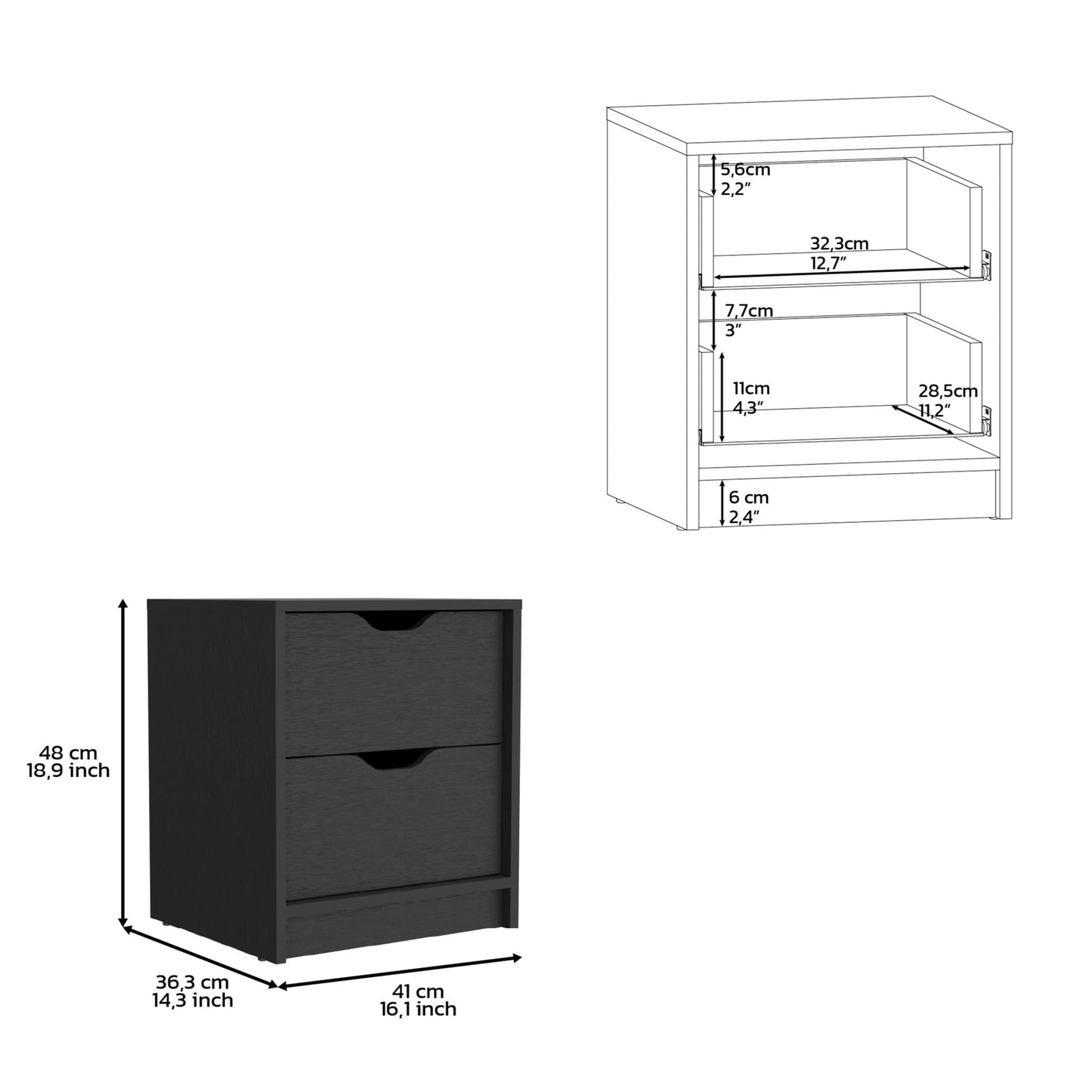 19" Black Wood Two Drawer Nightstand