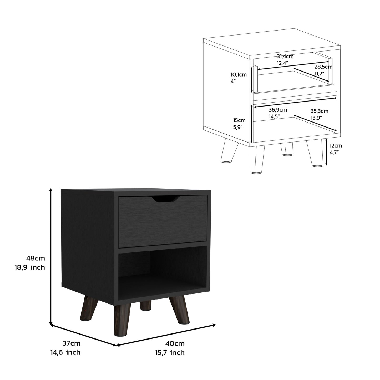 19" Black Wood One Drawer Nightstand