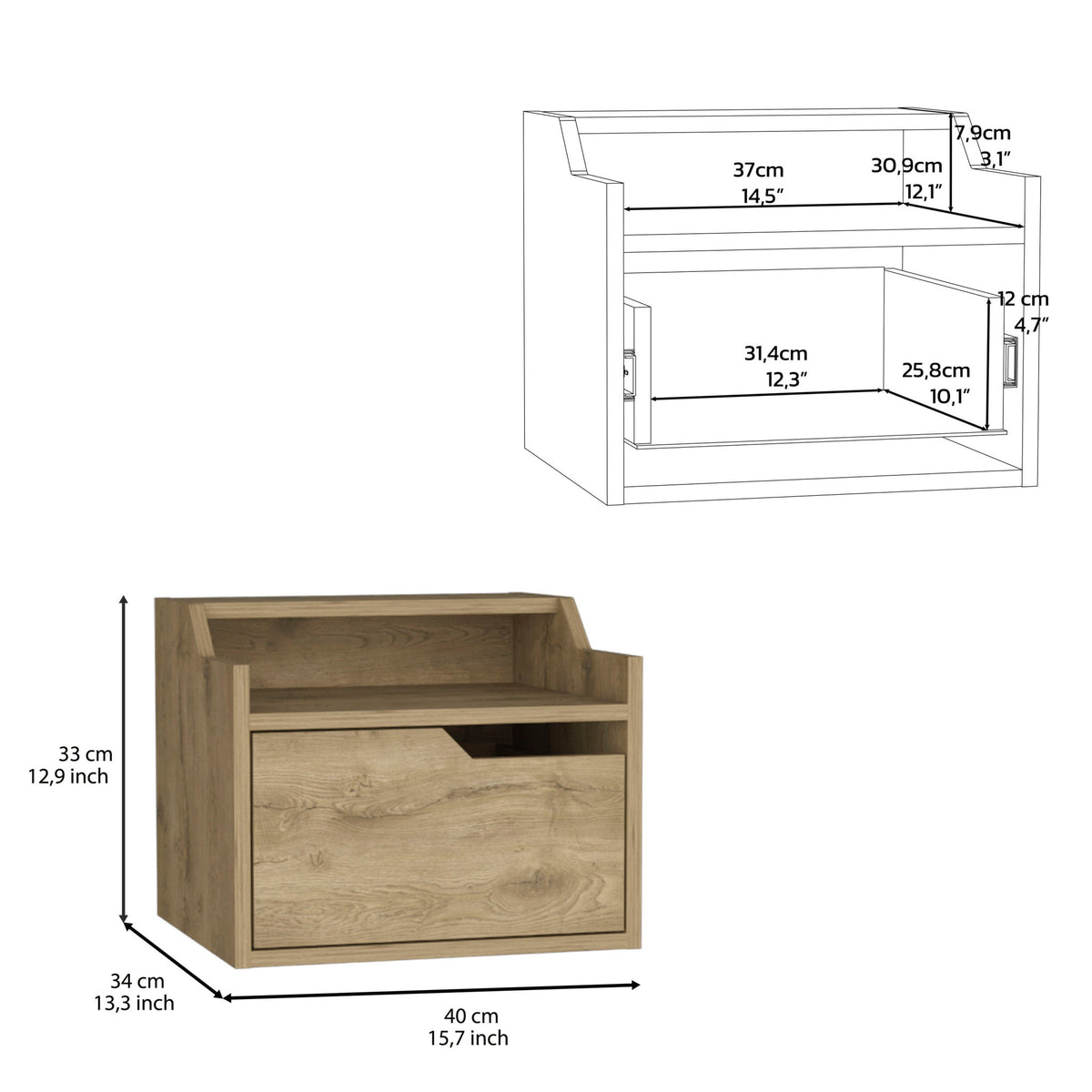 13" Beige Wood One Drawer Floating Nightstand