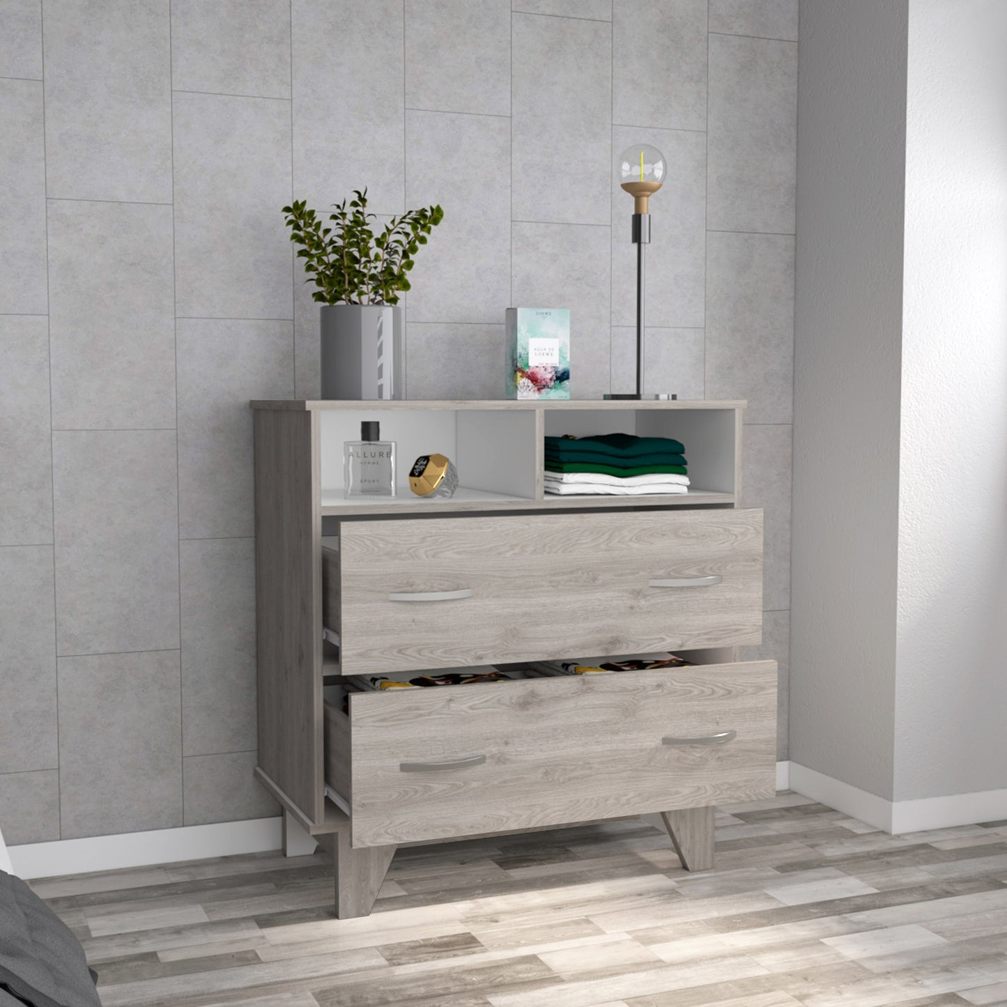 32" Light Gray Two Drawer Dresser With Open Shelving