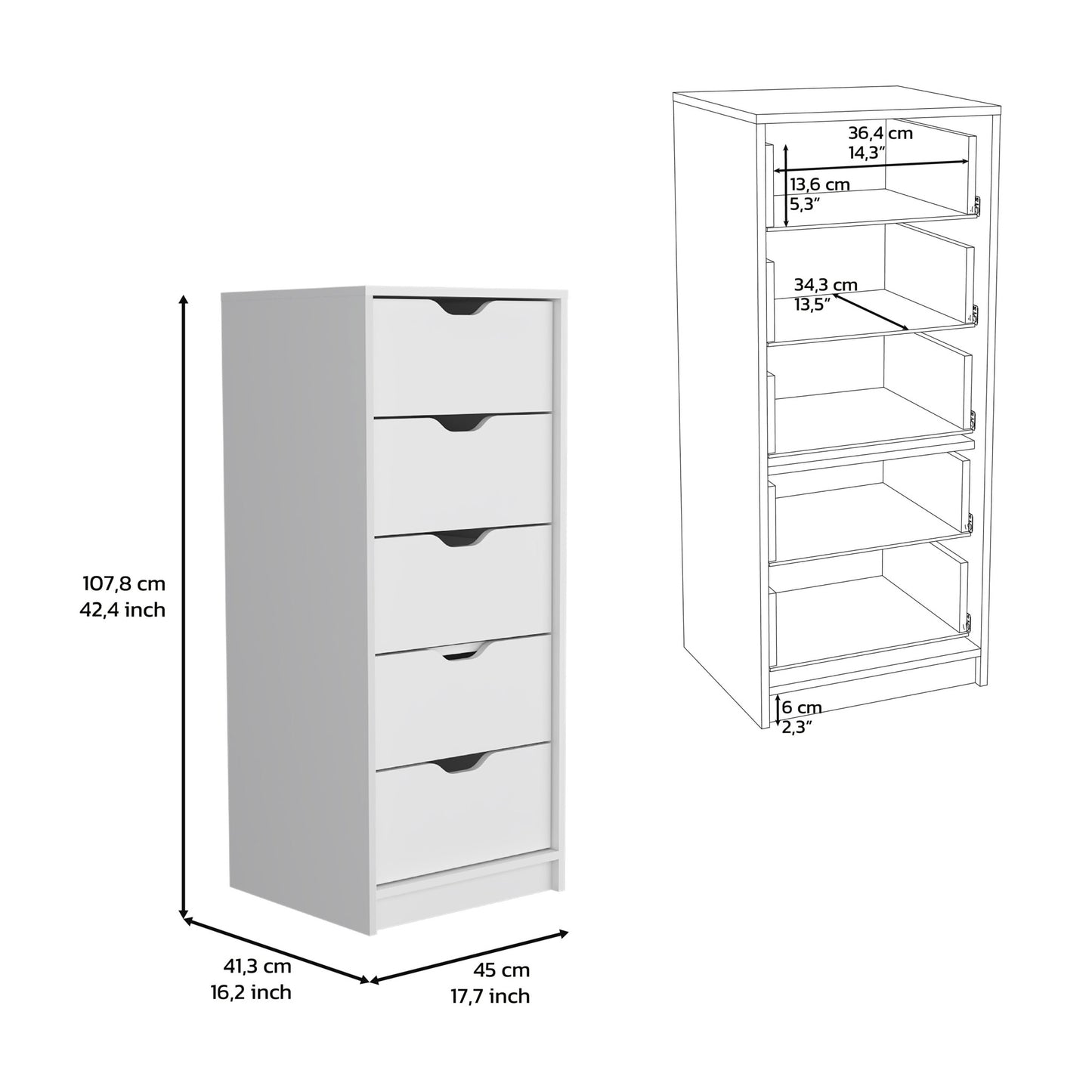 18" White Five Drawer Standard Chest