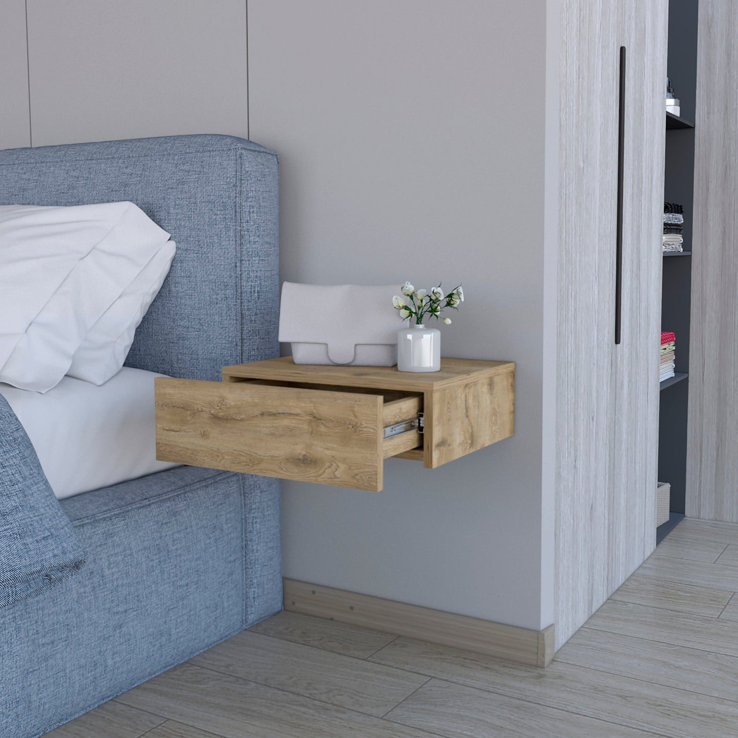 5" Beige Wood One Drawer Floating Nightstand