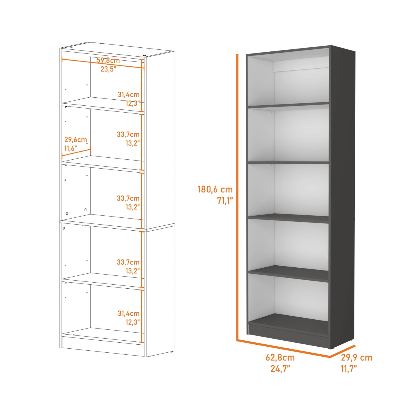 71" Gray And White Wood Five Tier Bookcase