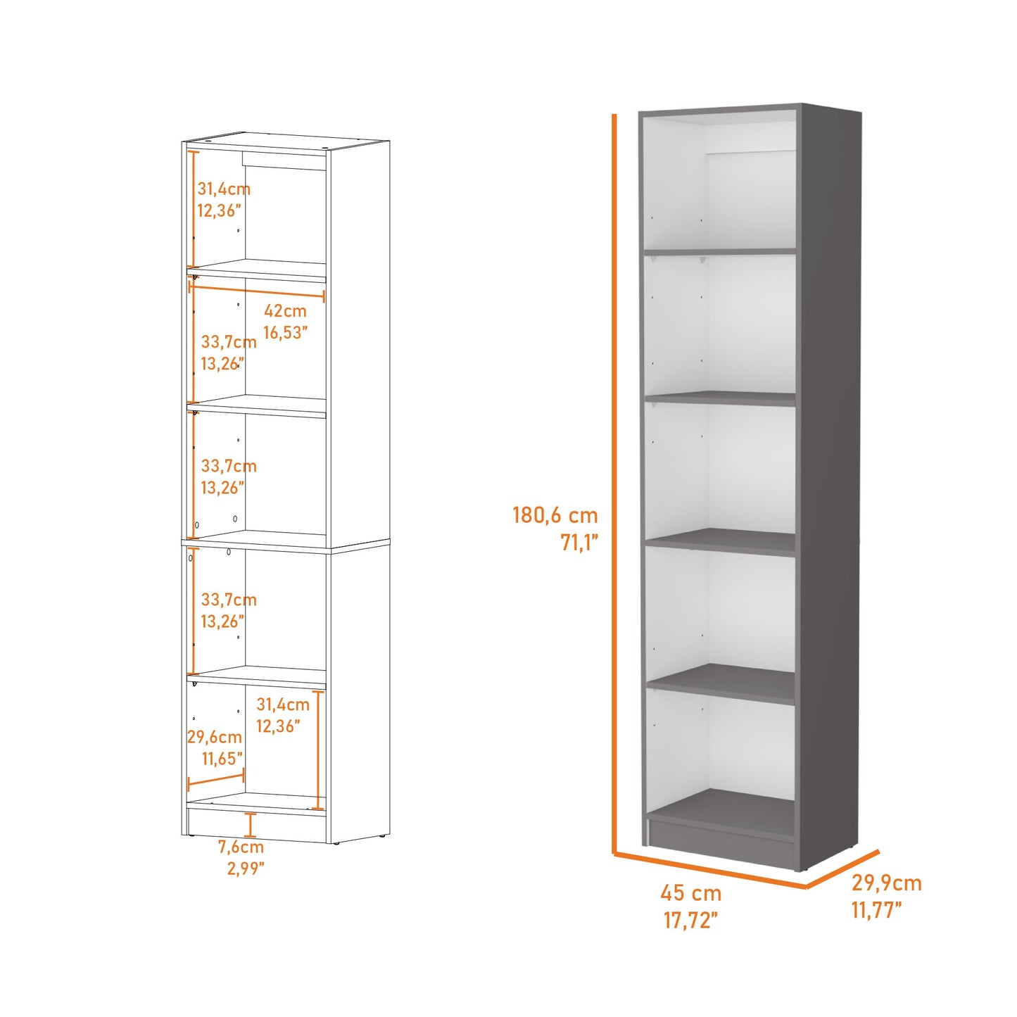 71" Gray And White Wood Five Tier Bookcase