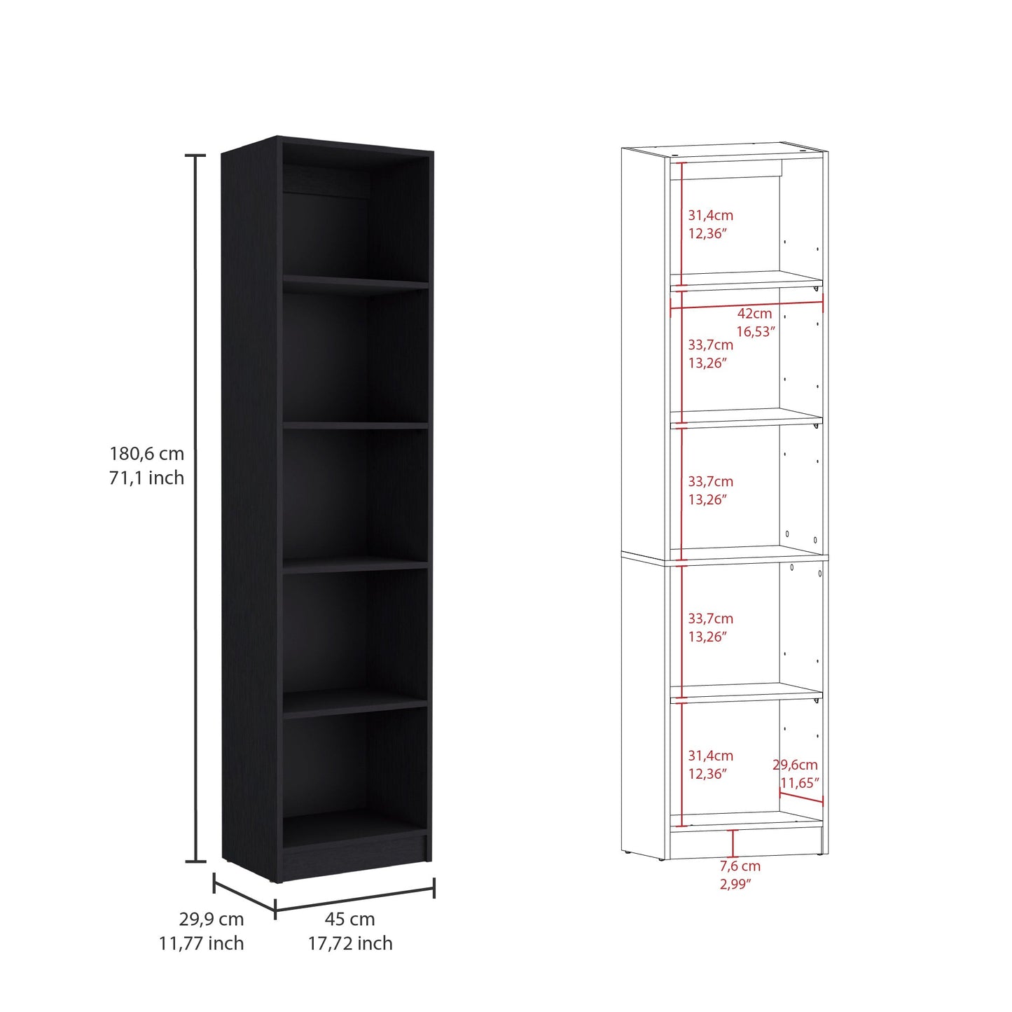 Set of Three Black Five Tier Bookcase with Two Doors