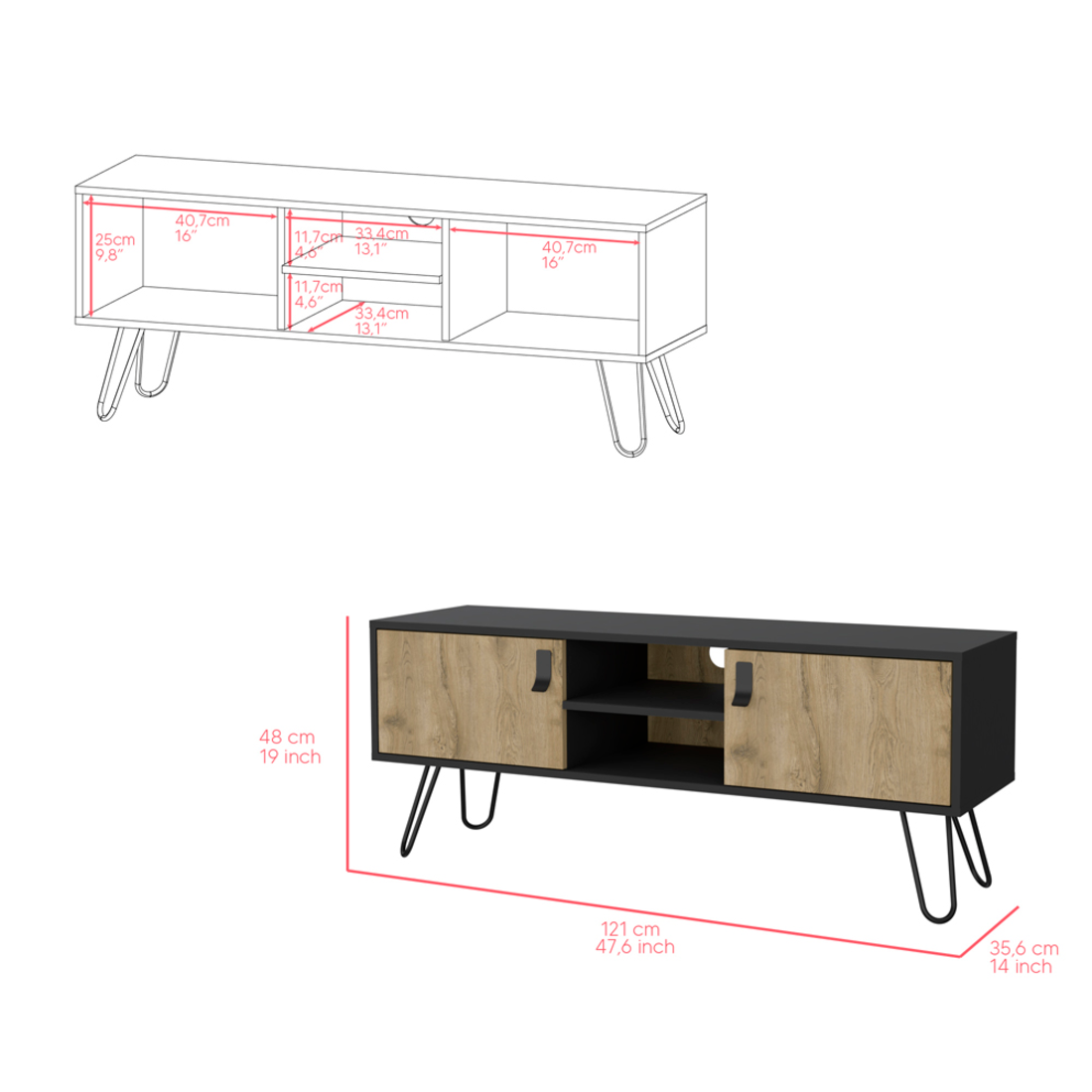48" Beige and Black Cabinet Open And Enclosed Storage TV Stand