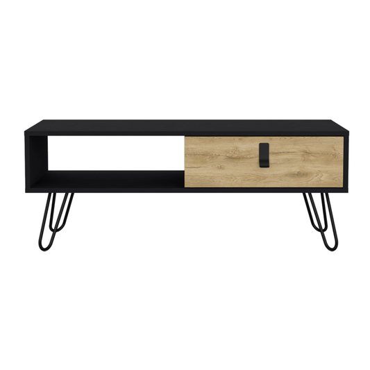 41" Black and Oak Wood and Metal Coffee Table With Drawer And Shelf