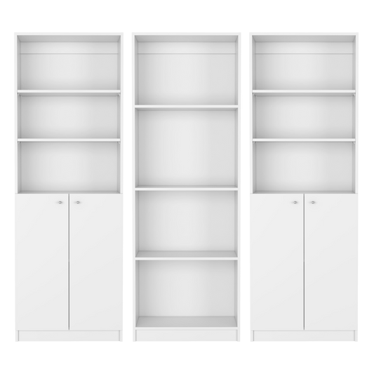 Set of Three White Wood Ten Tier Modular Bookcase with Four Doors