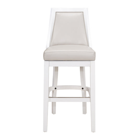 31" Gray And White Faux Leather And Solid Wood Bar Height Swivel Bar Chair