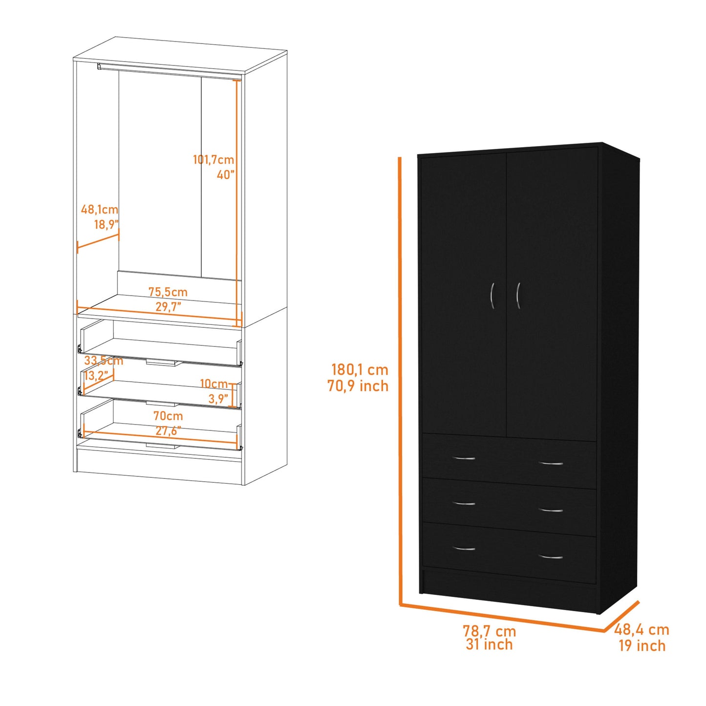 71" Black Two Door Three Drawer Combo Dresser