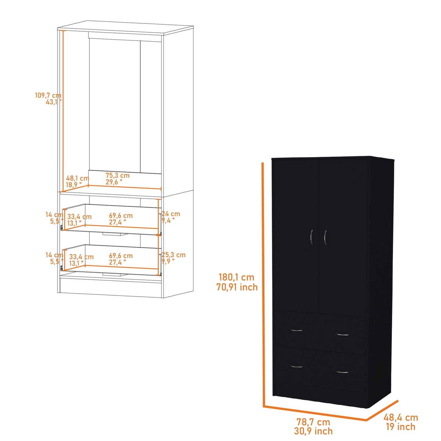 71" Black Two Door Two Drawer Combo Dresser