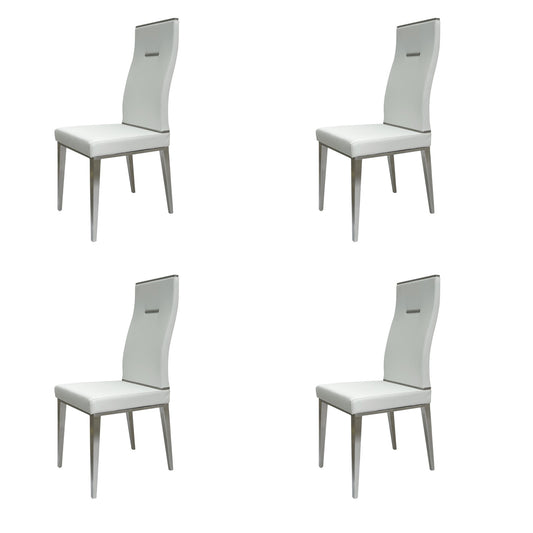 Set of Four White and Silver Upholstered Faux Leather Dining Side Chairs