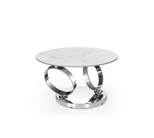 32" White And Silver Ceramic Tile And Metal Round Abstract Coffee Table