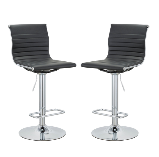 Set of Two Black and Silver Faux Leather and Metal Low Back Adjustable Height Bar Chairs