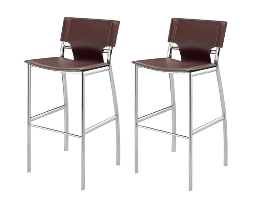 Set of Two 25" Brown and Silver Faux Leather and Metal Low Back Counter Height Bar Chairs