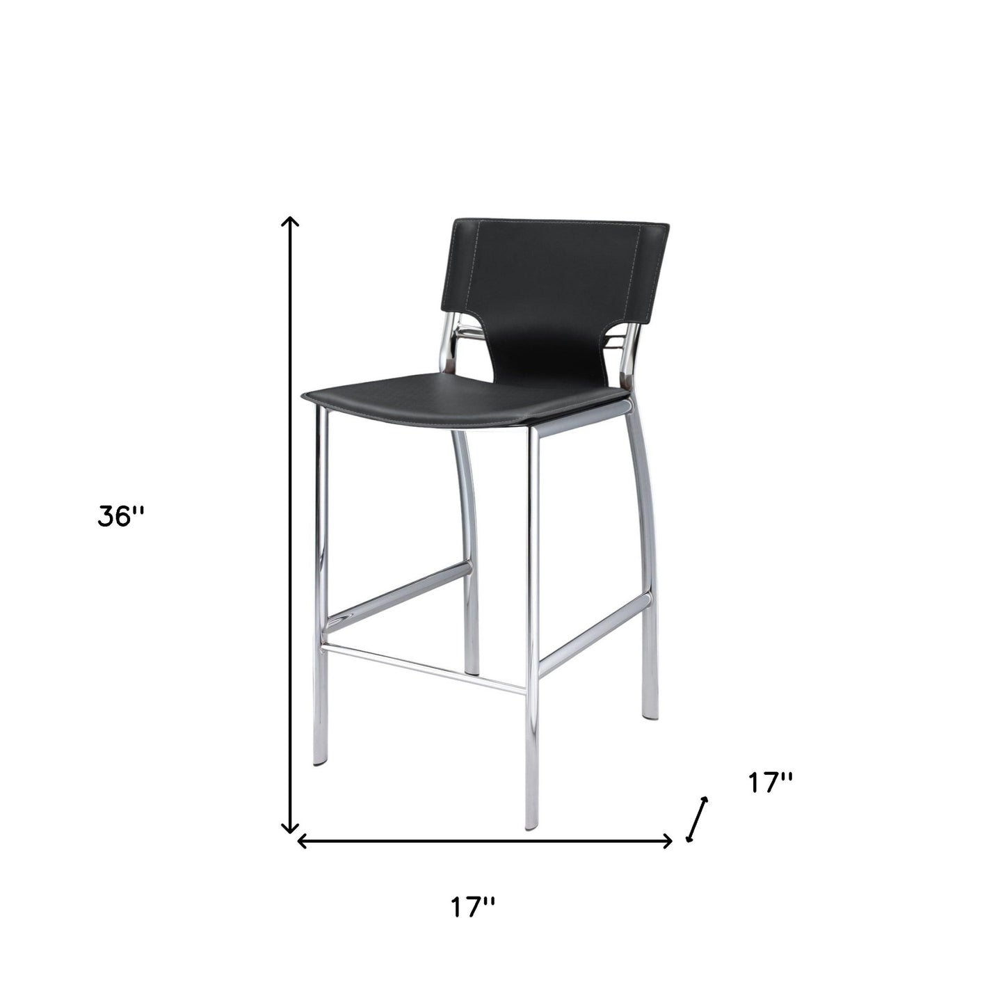 Set of Two 25" Black and Silver Faux Leather and Metal Low Back Counter Height Bar Chairs