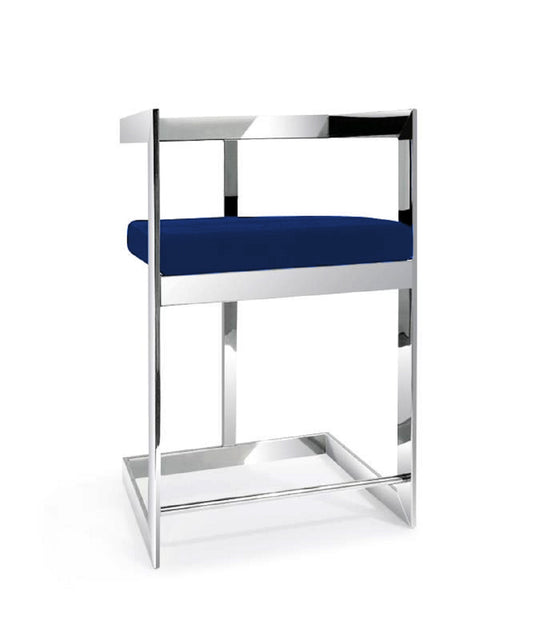 30" Blue and Silver Metal and Velvet Low Back Bar Height Bar Chair
