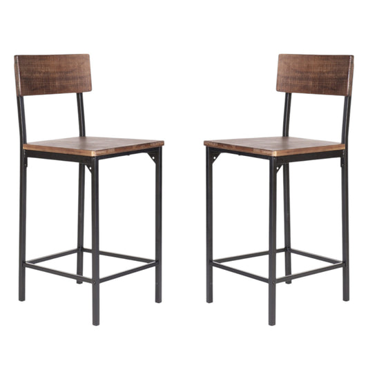 Set of Two 25" Brown and Black Solid Wood and Metal Counter Height Bar Chairs