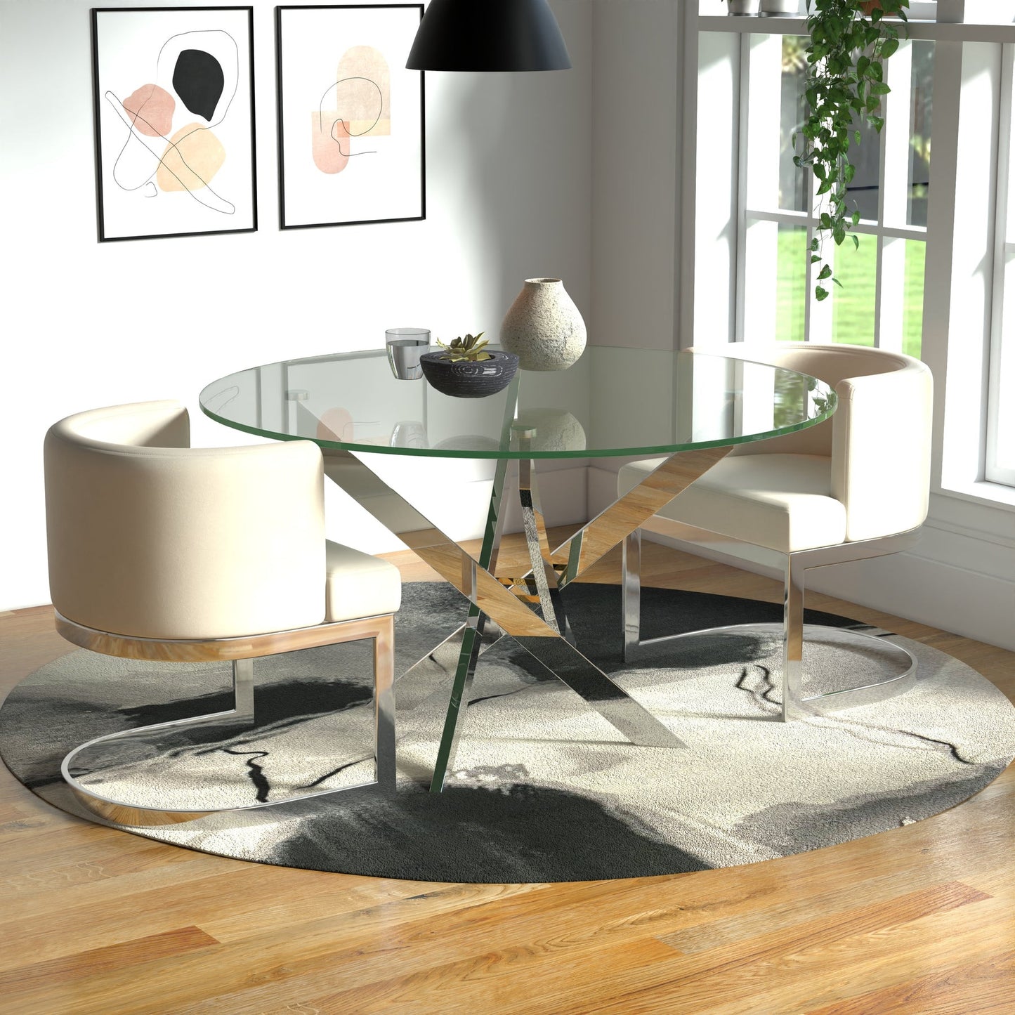 54" Clear and Silver Glass and Metal Cross Leg Base Round Top Dining Table