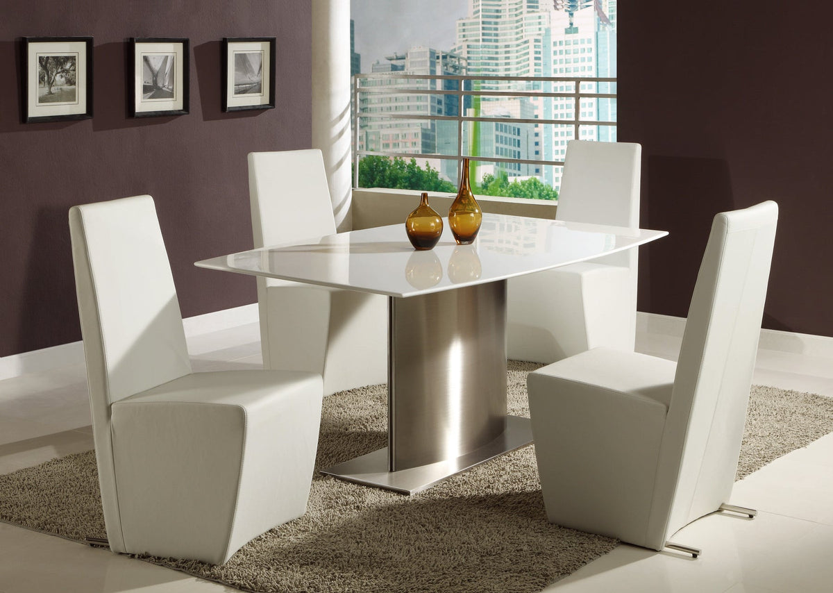 63" White And Silver Marble And Metal Pedestal Base Dining Table