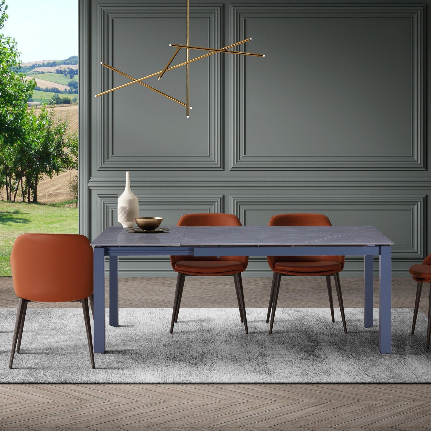 55" Gray Ceramic and Metal Self-Storing Leaf Extendable Dining Table