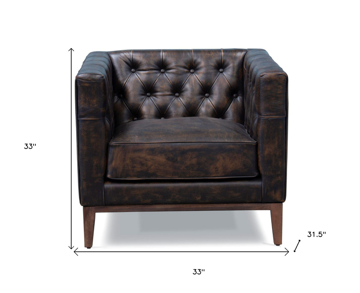 33" Brown and Black Antiqued Top Grain Leather Tufted Club Chair