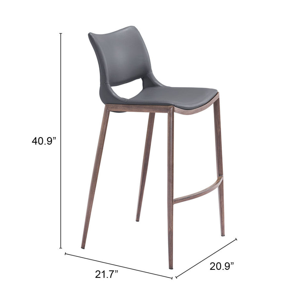 Set of Two 29" Dark Gray and Walnut Faux Leather and Steel Low Back Counter Height Bar Chairs