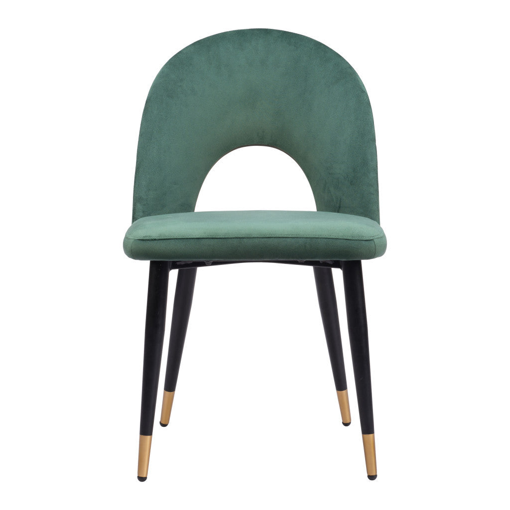 Set of Two Green Black and Gold Upholstered Velvet Open Back Dining Side Chairs