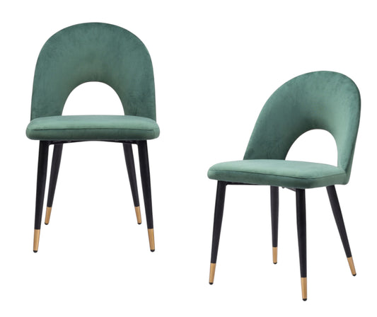 Set of Two Green Black and Gold Upholstered Velvet Open Back Dining Side Chairs