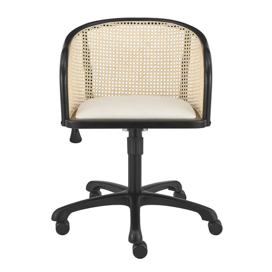 Beige and Black Solid Wood Steel And Cane Rattan Adjustable Swivel Rolling Office Chair