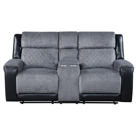 76" Gray and Black Faux Leather and Microfiber Manual Reclining Loveseat With Storage