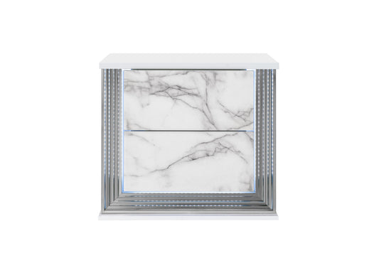 25" White Wood Faux Marble Solid and Manufactured Wood Lighted Two Drawer Nightstand with USB Port