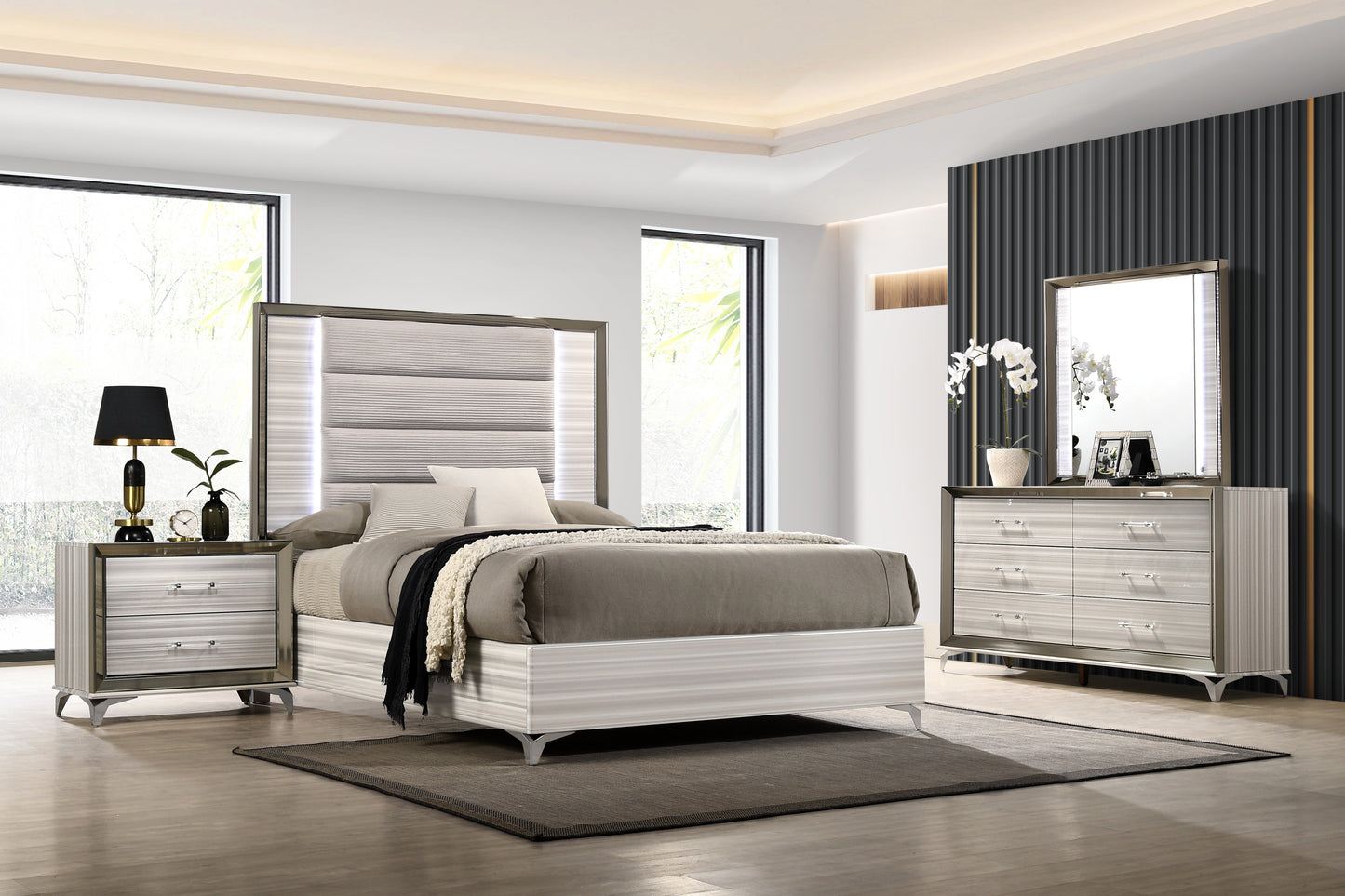 64" White And Silver Wood Six Drawer Double Dresser