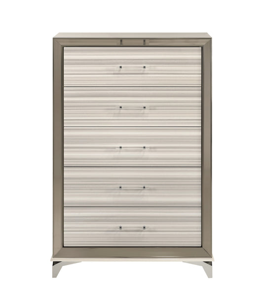 53" Beige And White Wood Lighted Five Drawer Dresser