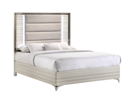 Beige White And Chrome Wood Upholstered Lighted Queen Bed Frame