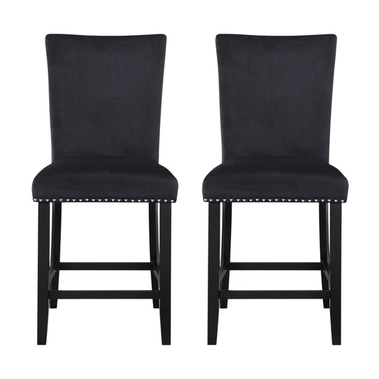Set of Two 25" Black Wood and Velvet Counter Height Bar Chairs