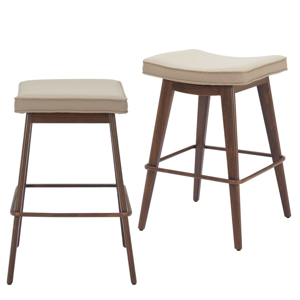 Set of Two 27" Beige and Walnut Faux Leather and Steel Backless Counter Height Bar Chairs