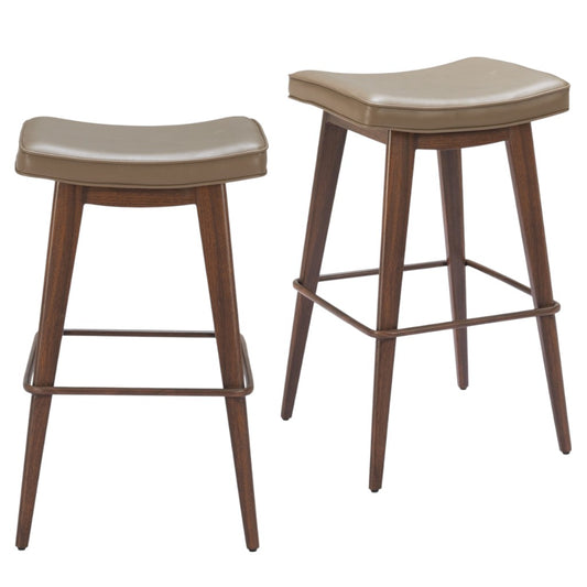 Set of Two 31" Taupe and Walnut Faux Leather and Steel Backless Bar Height Bar Chairs