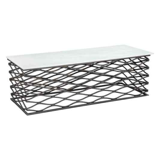 50" White and Antiqued Bronze Genuine Marble and Aluminum Abstract Coffee Table