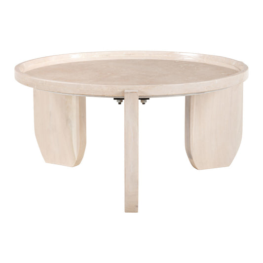 30" Natural Genuine Marble and Marble Round Coffee Table