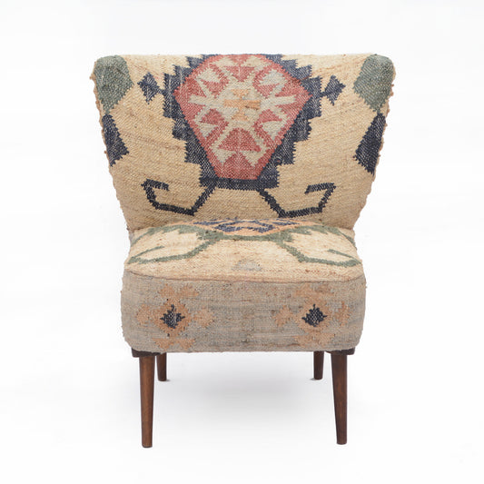 26" Beige Blue and Red Jute Southwestern Wingback Chair