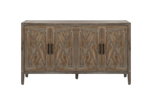 60" Natural and Brown Distressed Carved Geometric Sideboard with Four Doors