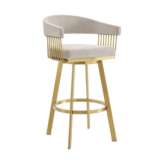 26" Taupe and Gold Fabric and Stainless Steel Low Back Counter Height Swivel Bar Chair