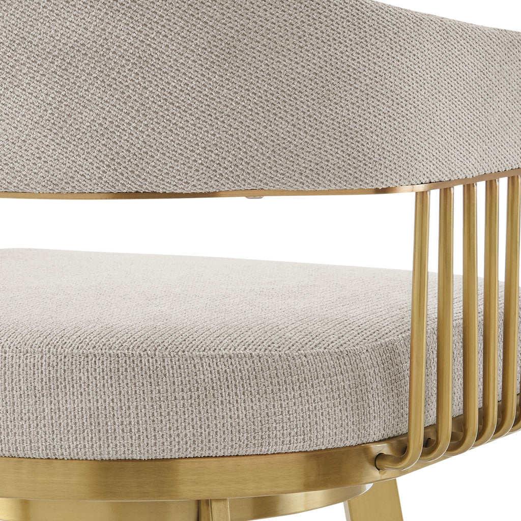 26" Taupe and Gold Fabric and Stainless Steel Low Back Counter Height Swivel Bar Chair
