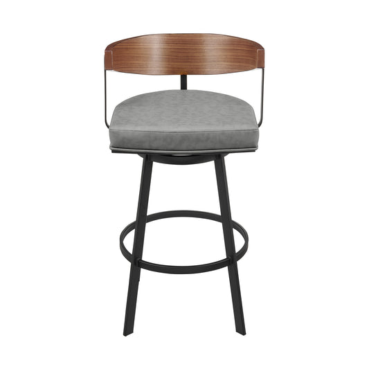 30" Gray Brown and Black Faux Leather and Iron Low Back Bar Height Swivel Bar Chair