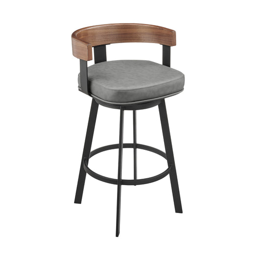 26" Gray and Black Faux Leather and Iron Low Back Counter Height Swivel Bar Chair