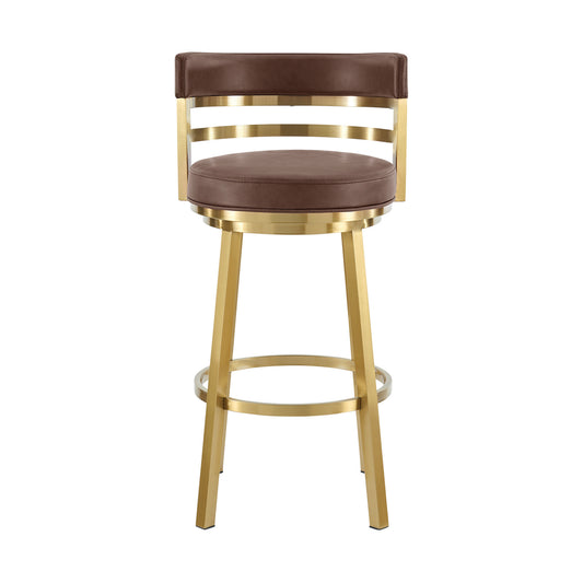 30" Coffee and Gold Faux Leather and Stainless Steel Low Back Bar Height Swivel Bar Chair
