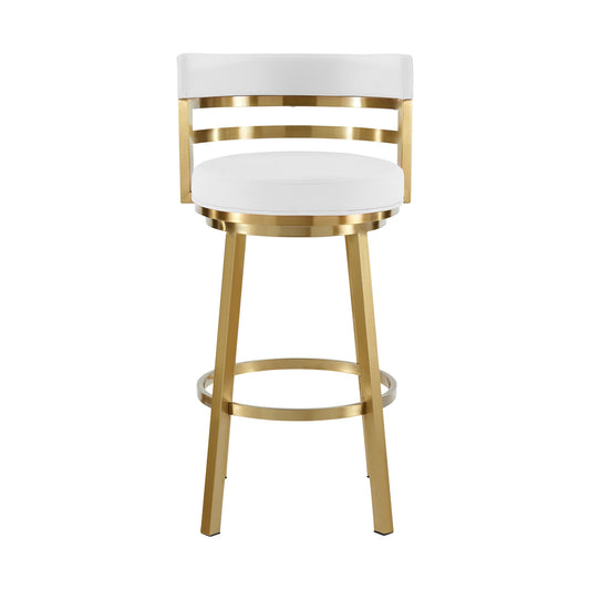 26" White and Gold Faux Leather and Stainless Steel Low Back Counter Height Swivel Bar Chair