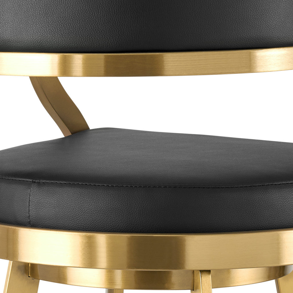 30" Black and Gold Faux Leather and Stainless Steel Low Back Bar Height Swivel Bar Chair